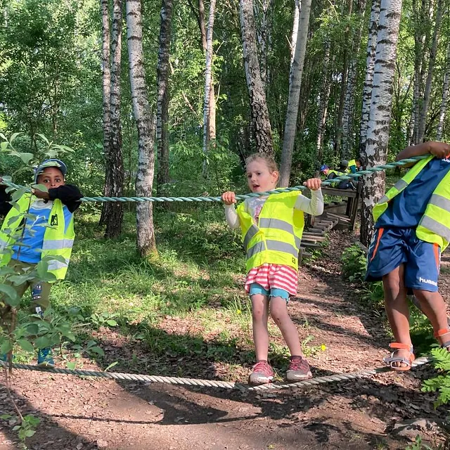 Barn balanserer på tau i skog